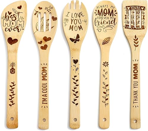DaceStar Cadeau Fete des Meres - Lot de 5 Gravée Cuillere en Bois de Cuisine, Idee Cadeau Fete des Meres, Cadeau Maman Anniversaire, Pâques Cadeau pour Maman, Cool Mom - Nail Gallerys