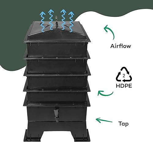 Billiebin | Lombricomposteur 4 Plateaux Kit Complet | 150gr de vers de Compost | Substrat de démarrage + Bloc de Coco + Accessoires | Intérieur, Balcon et Jardin (Noir) - Nail Gallerys