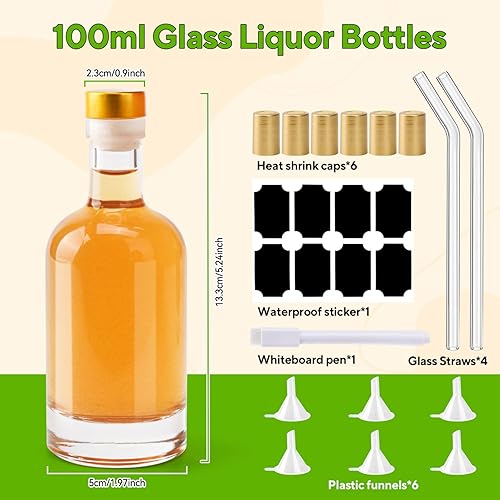 Lot de 6 petites bouteilles en verre de 100 ml avec bouchons en T, mini bouteilles d'alcool avec bouchon en liège, pailles en verre pour liqueur, vodka, vin, whisky, boissons, huile et extrait de - Nail Gallerys