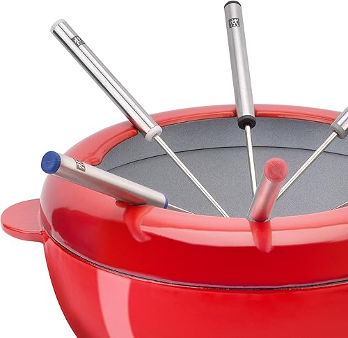 Zwilling 40201-002 Cerise émaillée en fonte avec 6 fourchettes en acier, protection anti-éclaboussures, convient à tous les types de plaques, garde les aliments au chaud, fromage, chocolat, fondue - Nail Gallerys
