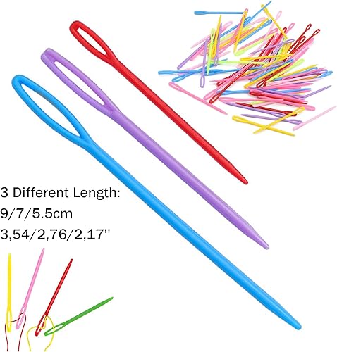 Ryaupy 60 Pcs Plastique Aiguilles À Coudre, Aiguilles à Tresser, Enfants Craft Projets Aiguille, Aiguille a Laine, Ldéal pour les Loisirs Créatifs de Couture, débutants, 5.5cm / 7cm / 9cm (Coloré) - Nail Gallerys