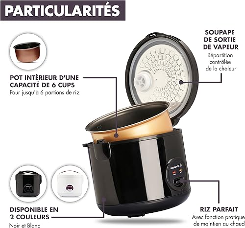 Reishunger Cuiseur à vapeur riz (rice cooker) Noir avec fonction de maintien au chaud - 1.2 l pour 1-6 personnes - Revêtement anti-adhésif avec insert - Nail Gallerys