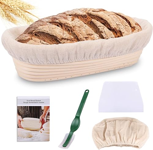 Gifort Banneton à Pain, Banneton Ovale 750g de 28 x 14 x 8 cm, Panier Banneton Brotform en Rotin Naturel pour Pain et Levain avec Tissu en Lin, Racloir Pâte et Lame Boulanger (Ovale-28x14x8 cm) - Nail Gallerys