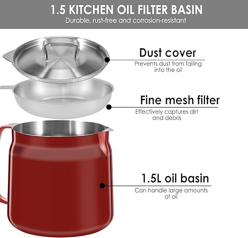 Récipient à graisse à bacon 2 en 1 avec passoire à mailles fines, pot de filtre à huile en acier inoxydable de 1,5 l avec couvercle à poignée, peut stocker l'huile de friture et la graisse de cuisson - Nail Gallerys
