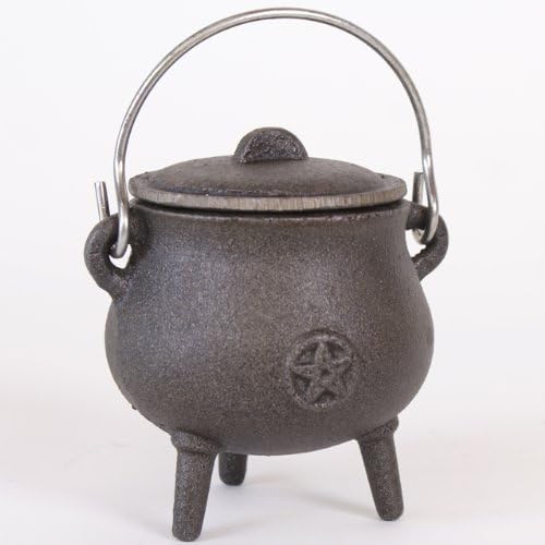 Attractive Small Cast Iron Cauldron With Pentagram Design Plus Lid and Handle. Approx 11cm Tall- Not Including Handle by THE FLYING WITCH - Nail Gallerys