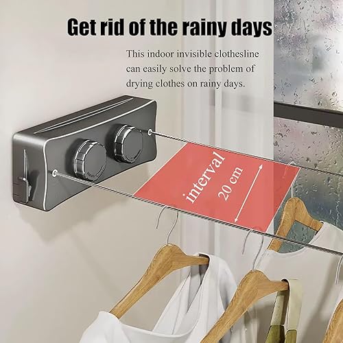 Corde à Linge Rétractable 5.1m,Inoxydable Double Bobine,Fil Linge Extensible,Réglage avec Bouton Rotatif,Contenir 20 Kg,pour Intérieur,Extérieur,Balcon,Bain(Noir) - Nail Gallerys