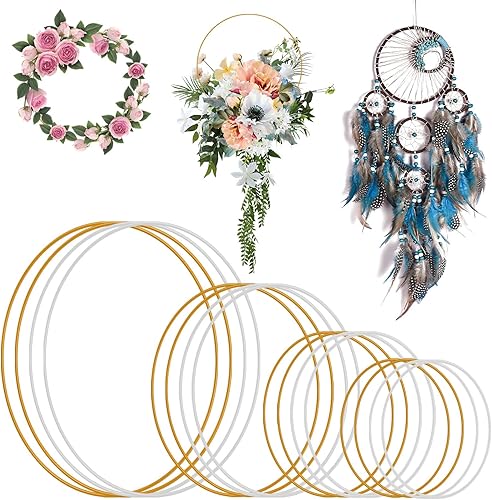 Cercle Attrape Rêve 8/10/15/20 cm, 16Pcs Cercle en Métal, Anneaux en Métal, Anneau pour Couronne, Cerceau Floral pour Décoration de Couronne de Mariage, Attrape-Rêves et Macramé(Doré et Argenté) - Nail Gallerys