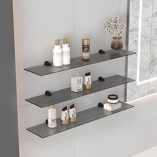 Euro Tische Étagère murale en verre de 60 cm pour salle de bain, étagère de douche en verre gris striée, avec verre de sécurité ESG de 6 mm et supports en métal (verre gris rainuré) - Nail Gallerys