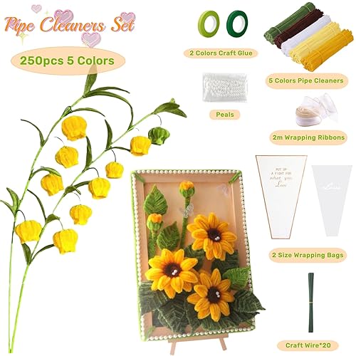 FINEVERNEK 250 Pièces Fil Chenille Bouquet de Tournesols, Cure Pipe Chenille 5 Couleurs, avec Floratape et Tige Fleur Artificielle, Adapté aux Fournitures de Bouquet de Fleurs et de Décoration DIY - Nail Gallerys