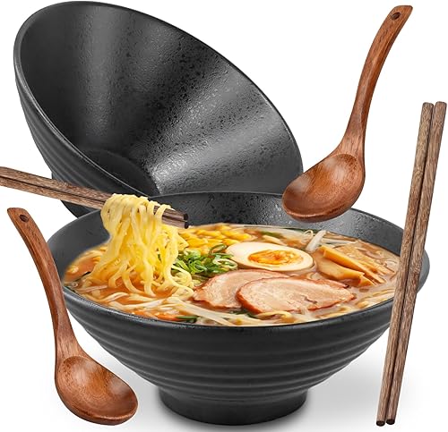 Ecofocet 2 Ensemble De Bols Ramen En Céramique Avec Baguettes Et Cuillère, 2×1000ml Bol à Soupe Ramen Japonais en Porcelaine, Grandes Saladier, Bol de Nouilles, de Céréales, Noir - Nail Gallerys