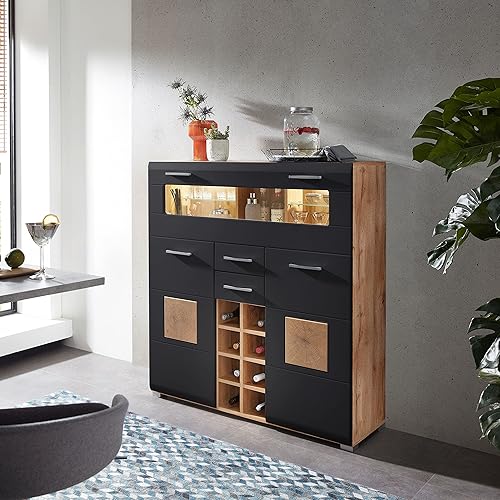 Stella Trading Sonate - Armoire de Bar - Aspect chêne Vieilli - Noir - Buffet Haut Moderne avec étagère à Bouteilles et éclairage LED - 120 x 128 x 37 cm (l x H x P) - Nail Gallerys