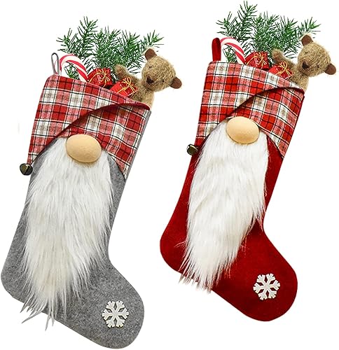 Ewolee Chaussettes de Noël, 2 Pièces Bas de Noël, Noël Chaussettes Sac, avec la Longue Barbe Santa Claus, pour Arbre, Vitrine, Sac de Bonbons et Ornements de Cheminée de Noël - Nail Gallerys