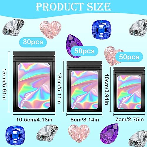 Pochon 130 Pièces Holographique et Noir 7x10cm,8x13cm,10.5x15cm Mylar Ziplock Bags Sachet Refermable Zip Imperméables Pochon Zip Holographique pour les Collations et les Bijoux - Nail Gallerys