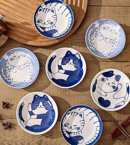 Four Tiger Lot de 4 petites assiettes en céramique bleu et blanc avec motif chat mignon en forme de chats pour apéritif, dessert, sushis, plats à sauce, 9,9 x 2,2 cm - Nail Gallerys
