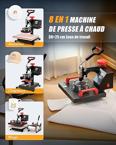 CREWORKS Presse à Chaud 30x23CM 8 en 1 Machine de Transfert à Chaleur Plateaux Pivotant à 360° Contrôle Numérique de Durée et Température avec Accessoires pour Tasse Chapeau Assiette Capuchon - Nail Gallerys
