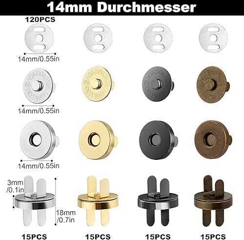 REJOECE 60 Paires Fermoir Magnétique, 14mm Bouton Pression Aimanté, Circulaire Pression Boutons pour Sac en Tissu, Portefeuille en Cuir, Craft DIY - Nail Gallerys