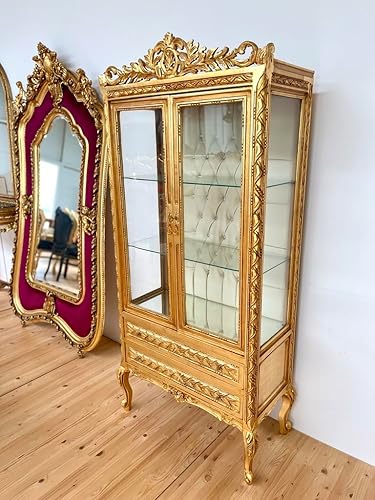 CasAmin Home & Living Vitrine dorée de style baroque rococo français en verre et bois de style antique avec finition dorée - Nail Gallerys