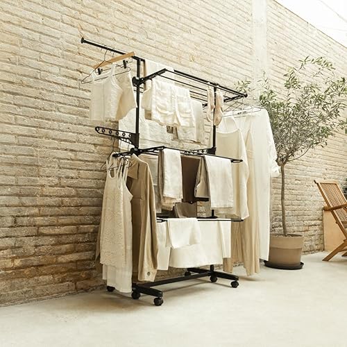 NEWLUX- Sechoir à Linge avec 5 Étages Doubles. Etendoir Linge Interieur Pliable avec Roues et Support pour Cintres et Vêtements Longs. 18-21 Mètres D’Étendage, Noir - Nail Gallerys