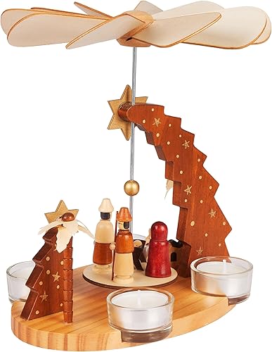 BRUBAKER Pyramide de Noël en Bois - Étoile de Bethléem, Jésus, Marie, Joseph et Le Berger - Pyramide de Table Pivotante en Bois de 22 cm pour 4 Bougies à Réchaud - Peinte à la Main - Nail Gallerys