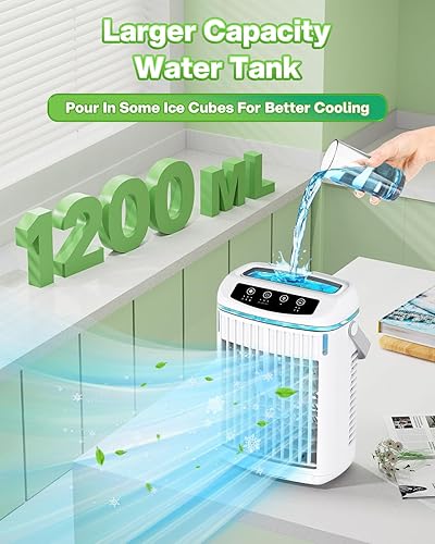 Climatiseur Mobile, Climatiseur Portable 1200ml Refroidisseur d'air USB Ventilateur Silencieux avec Télécommande, 3 Modes & 3 Vitesses, 2-4-6H Minuterie, LEDs Colorées, Idéal pour Maison/Bureau - Nail Gallerys