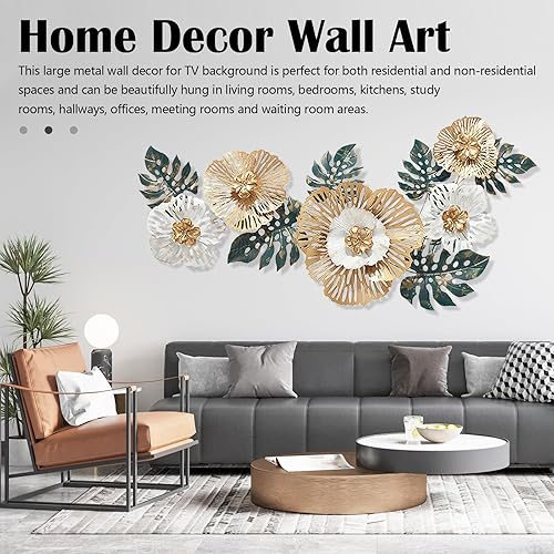 Décoration Murale Salon, 138X57cm Décoration Murale 3D Salon Décoration Murale Fleurs Sculptures Murales Métal Décoration Suspendue Canapé Fond Bureau Ornements Muraux Sculptures Murales Avec 4 Vis - Nail Gallerys