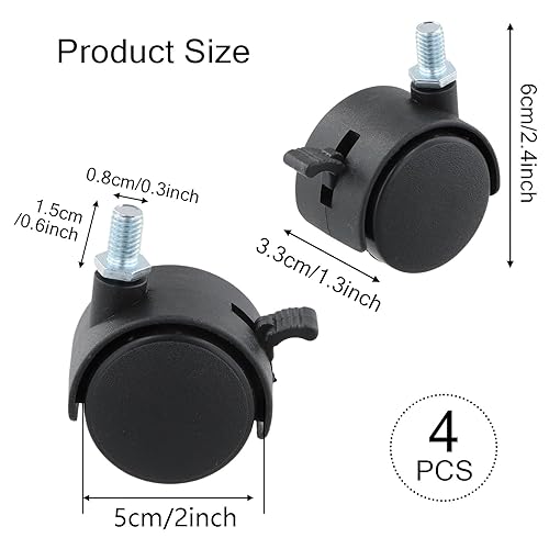 Set de 4 Roulettes pour Meubles, 50 mm, avec Frein pour Chaises de Bureau, Pivotantes, Silencieuses et sans Rayures, Roulettes de Rechange pour Meubles sur Sols Durs - Nail Gallerys