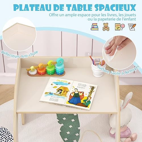 COSTWAY Table Enfant avec Chaise & Grand Plateau, Table et Chaise Enfant en Bois avec Accoudoirs Courbés, Table d'Activité pour Lire Manger Jouer, Charge 25/70kg pour Enfant de 3 Ans+ (Blanc) - Nail Gallerys