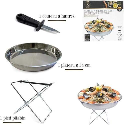 Cook Concept KU6102 Plateau à Fruits de mer avec Support pliable et Couteau à Huîtres Gris et noir Inox D34,4 x H24,2 cm - Nail Gallerys
