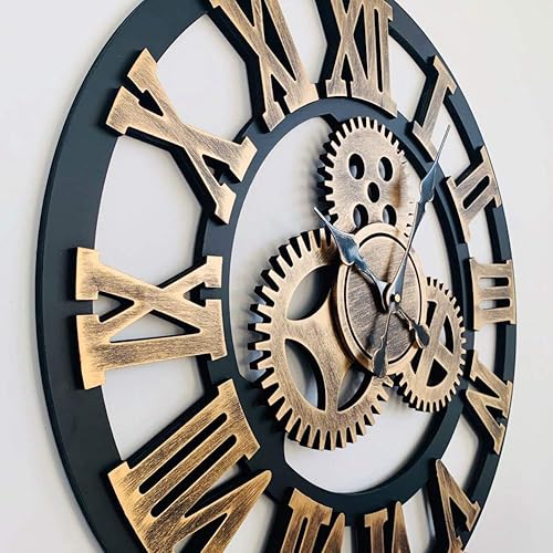 Xiaoyezi 3D Horloge Murale 80 * 80cm Grand Classique Vintage en Bois Silencieux Rétro Vitesse Pendaison Horloge Chiffre Romain Style Européen Steampunk Décor Industriel pour Salon, Bar,d'or - Nail Gallerys