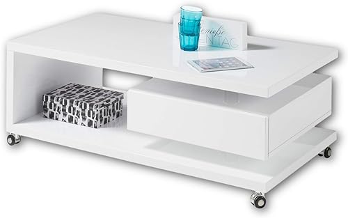 Stella Trading Milan Table Basse Moderne sur roulettes Blanc Brillant Table Basse Mobile avec étagère et tiroir pour Votre Salon 110 x 41 x 60 cm - Nail Gallerys