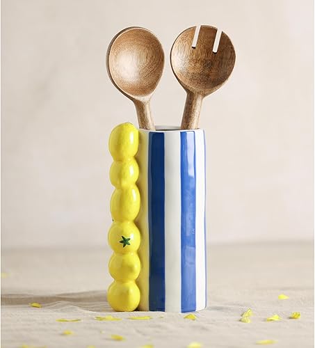 Hestia Vase Citron avec Rayures Bleues - Vase en Céramique de Style Méditerranéen pour Fleurs Fraîches ou Faux Fleurs Décor de Citron Fantaisie - H 21 cm x l 11 cm - Nail Gallerys