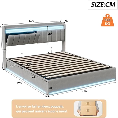 LONELYO Lit 160x200 avec Sommier LED et USB, Lit Coffre 160x200 avec Rangement et Tete de lit, Sommier à Lattes en Bois,pour Adolescents(sans Matelas) - Nail Gallerys