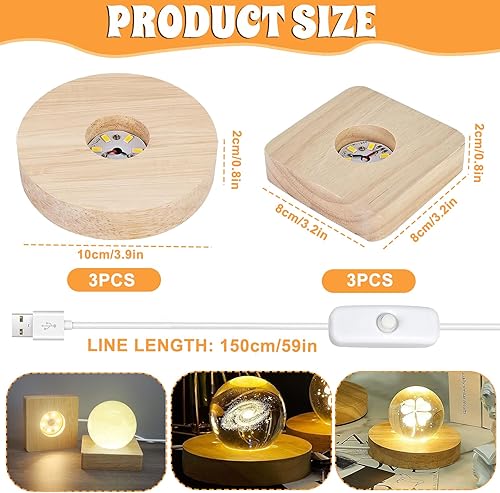 Forhome Base LED, 6 Pièces Base Lumineuse LED USB, Base d'affichage Lumineuse Ronde, Base Lumineuse LED en Bois, Base Lumineuse avec Câble USB pour Boule de Cristal, Acrylique - Nail Gallerys