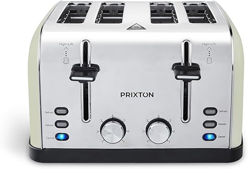 PRIXTON Grille-pain à 4 fentes extra-larges Bianca, Puissance 1900 Watt, 7 Niveaux de brunissage, décongélation et réchauffe, Surélévation, Design Vintage en Acier Inoxydable - Nail Gallerys