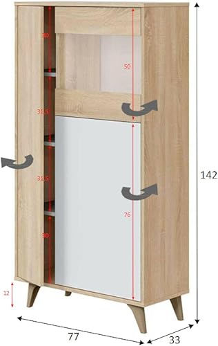 Dmora - Vitrine Atlanta, Vitrine moderne à 3 portes, Buffet pour salon ou salon, Buffet haut avec étagères, cm 77x33h142, Chêne et Blanc - Nail Gallerys