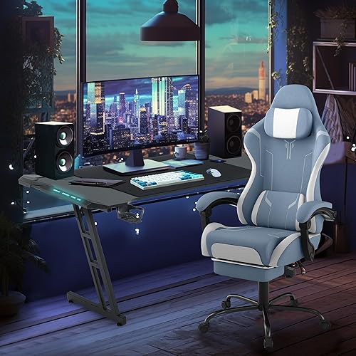 HENGMEI Chaise de jeu, ergonomique, pivotante, avec coussin lombaire de massage, repose-pieds, accoudoirs rembourrés, appuie-tête, chaise de bureau (bleu) - Nail Gallerys