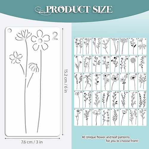 EAPIKON 40 Pochoirs de Peinture de Fleurs Feuilles Réutilisable, 7,6x15,2cm Modèles de Fleurs Sauvages sur Bois Dessin Toile Bricolage, Painting Stencils Décoration Art Murale - Nail Gallerys