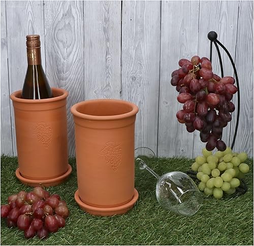 MamboCat | Lot de 2 refroidisseurs à vin + soucoupes | Ø 12,5 cm | Hauteur 20,5 cm | Refroidisseur de bouteilles pour eau, vin et champagne | Terre cuite | Refroidit pendant des heures - Nail Gallerys