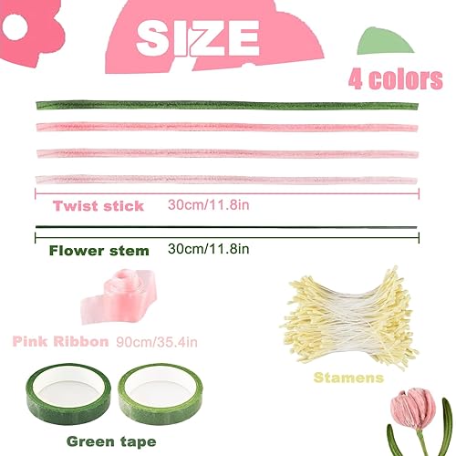 Cure-Pipe Bouquet, 300pcs Kit Bouquet Cure Pipe Chenille, 4 Couleurs, Fleurs Fil Chenille, Loisir Creatif Cure-Pipe Kit, avec Tige Fleur, Ruban, Étamines, pour Bouquets de Tulipes, DIY et Décoration - Nail Gallerys