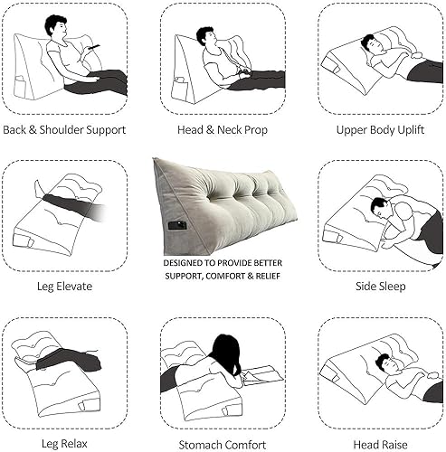 Treer Coussin de Lecture pour Lit Canapé Coussin Dossier Lombaire Ergonomique Compensé Oreiller Amovible Compensé Triangulaire avec Housse Lavable (Beige,100x40x12cm) - Nail Gallerys