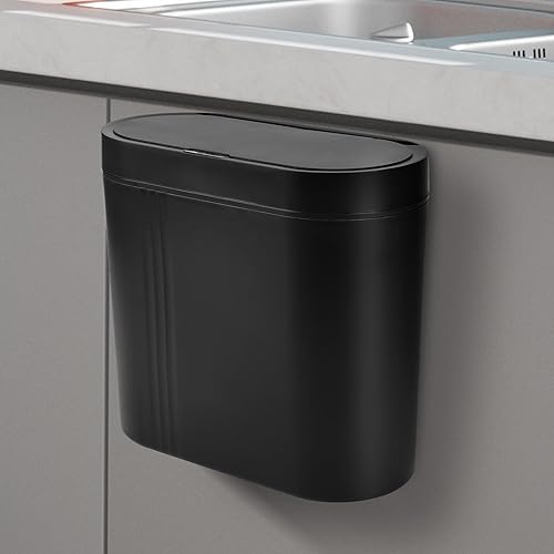 Catolsss Poubelle avec capteur, noire, 16 l, à suspendre, avec couvercle, crochet, plan de travail ou sous l'évier, porte d'armoire ou mur, pour salle de bain, chambre à coucher, poubelle à compost - Nail Gallerys