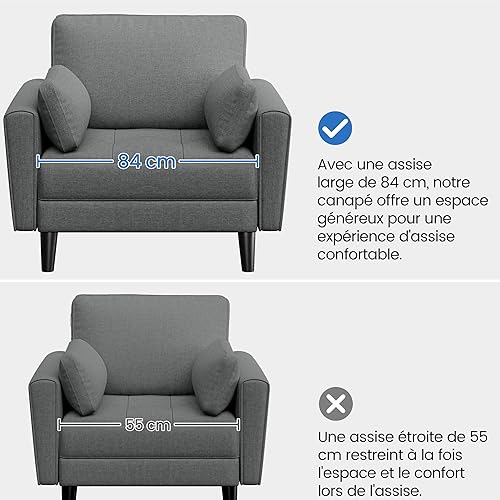 Yaheetech Fauteuil de Salon Moderne avec Accoudoir et Poches Fauteuil Relax avec Coussins Cadre en Bois Fauteuil Chambre en Tissu pour Salon Gris - Nail Gallerys