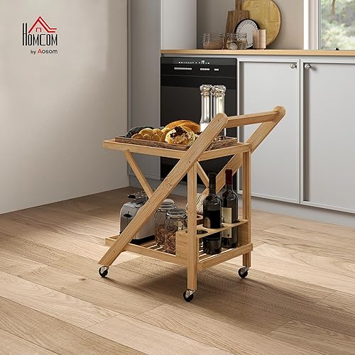 HOMCOM Desserte de Cuisine en Bambou, Chariot de Service Pliable, avec 2 Plateaux, 4 Roues, 3 casiers à vin, 66 x 40 x 70 cm, Bois Naturel - Nail Gallerys