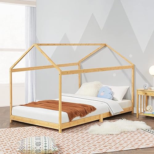 [en.casa] Lit Enfant Forme Maison pour Chambre d'enfant Lit Cabane Robuste avec Sommier à Lattes Bambou 180 x 200 cm Naturel - Nail Gallerys