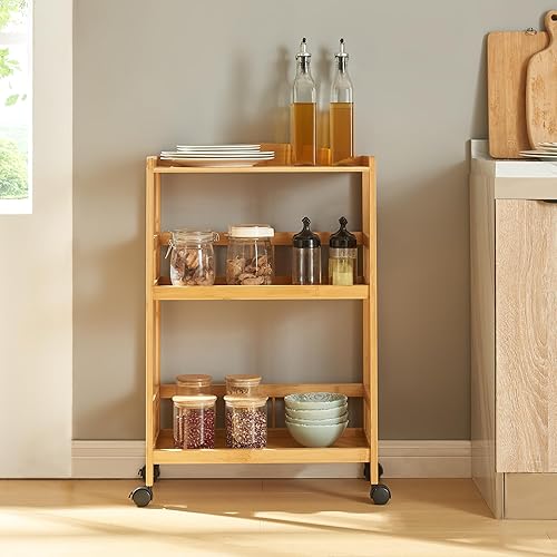 [en.casa] Chariot de Service avec 3 Étagères Desserte sur 4 roulettes avec Freins d'Arrêt Meuble de Rangement pour Cuisine Salle de Bain Bureau Bambou Plastique 80 x 53 x 30 cm Naturel Noir - Nail Gallerys