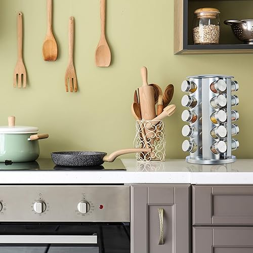 relaxdays 10026458 Carrousel, 20 Pots en Verre, Présentoir à épices INOX, Rotatif 360°, 34,5 cm Hauteur, argenté - Nail Gallerys