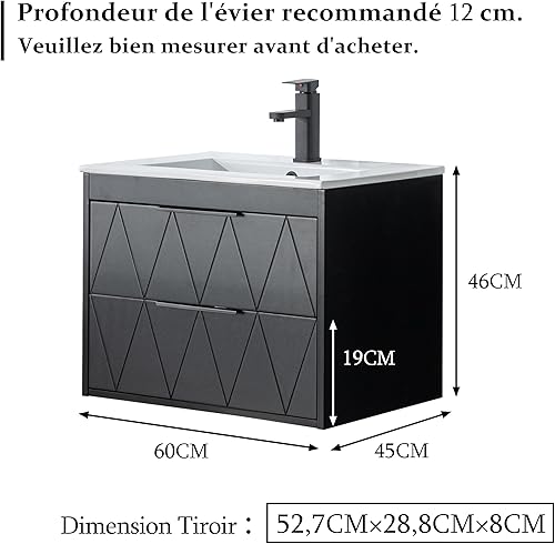 UEV Meuble sous Lavabo Suspendu 60cm, avec 2 Grands Tiroirs, Meuble Salle de Bain, Motif Ligne, Style Scandinave, Noir (Lavabo Non Inclus) - Nail Gallerys