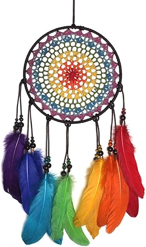 Attrape-rêves - Décoration murale avec plumes arc-en-ciel pour chambre d'enfant, garçons et filles - Diamètre : 19,8 cm - Longueur : 60 cm (n° 03) - Nail Gallerys