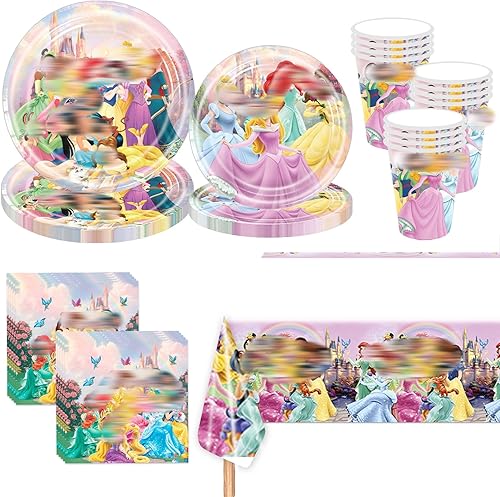 Lot de 81 vaisselle de fête d'anniversaire princesse - Avec assiettes, gobelets en carton - Serviettes roses - Décoration d'anniversaire pour fille - Nail Gallerys