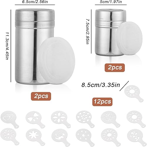 Nizirioo Lot de 4 Shaker À Poudre en Acier Inoxydable, Saupoudreuses en Acier Inoxydable avec 12 Pochoirs À Café, Shaker À Cacao, Shaker À Sucre en Poudre pour Café Farine Sel Poivre Dragées Poudres - Nail Gallerys